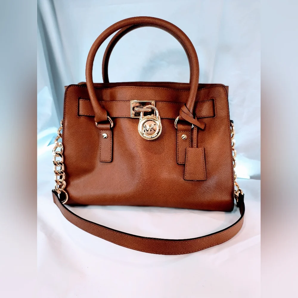 MICHAEL KORS Cognac Hamilton Saffiano Leather Satchel with Gold-Tone Chain Strap